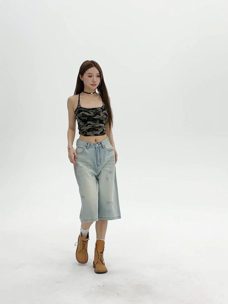 American Retro Cargo Denim Pants Women Fashion Casual Wide Leg Capri Jeans Summer Simple All Match Baggy Jeans