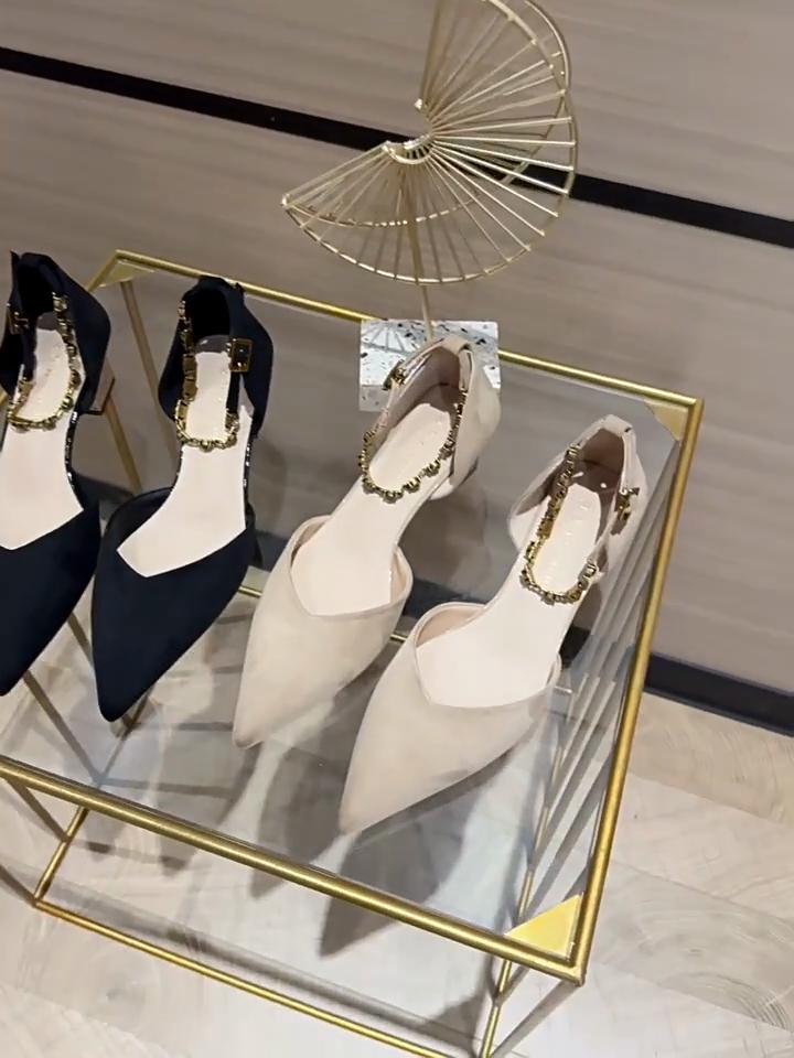New Style One-word Metal Strap Hollow High Heels Thick Heel Sandals Daily Commuting Breathable Suede Single Shoes