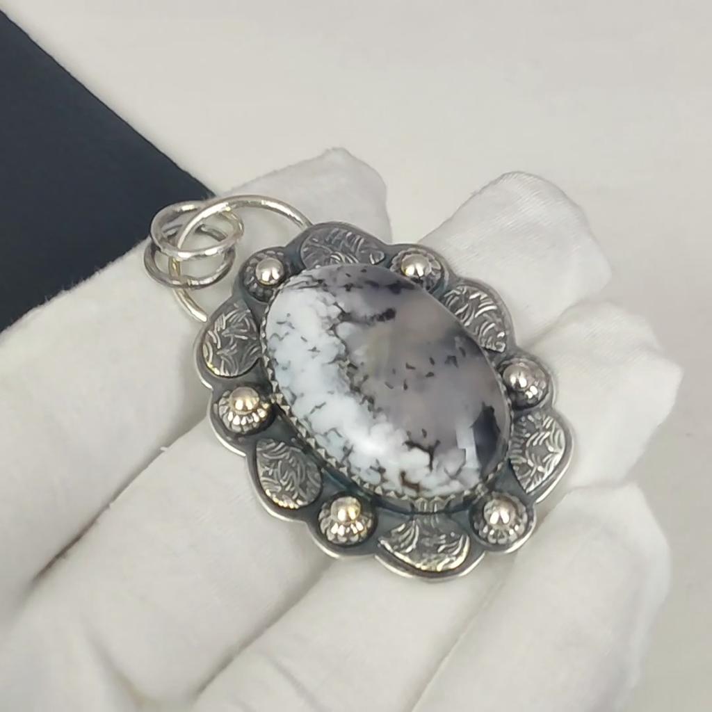 Naturlig Dandarte Opal Edelstein Sølv Anheng i 925 Sterlingsølv - Håndlaget Design, Smykker til Hverdagsbruk, Unikt Anheng Festantrekk Gave