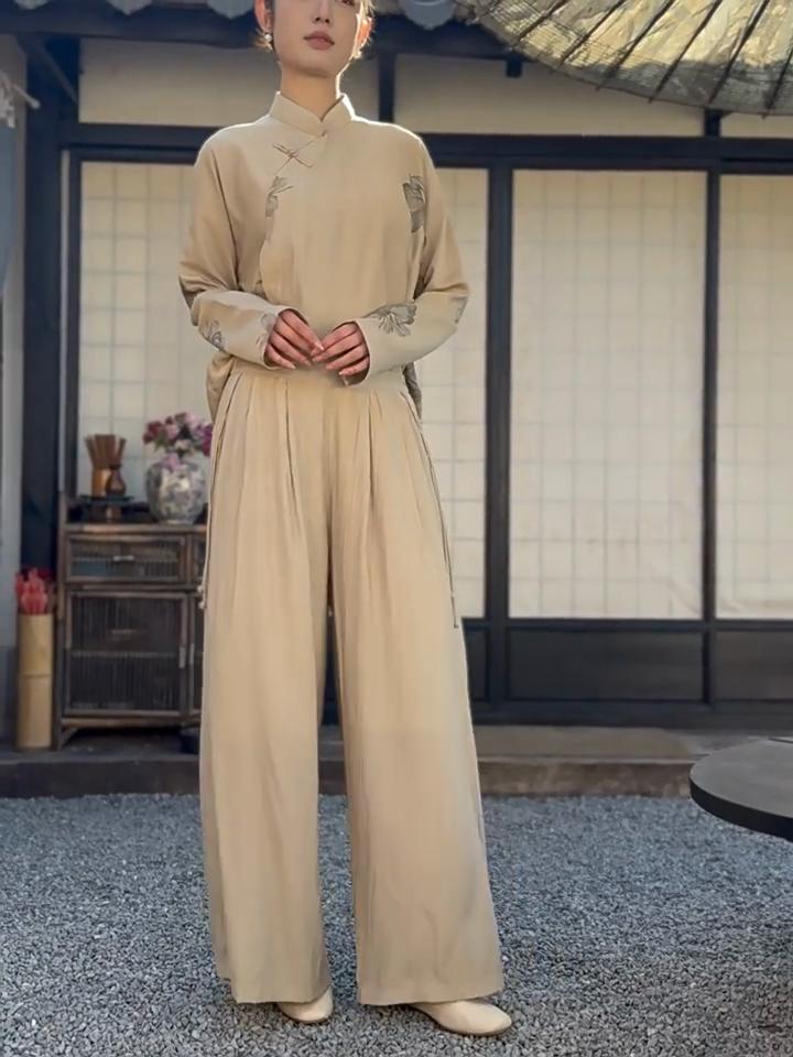 Johnature Women Vintage Wide Leg Pants Elastic Waist Spring Trousers Solid Color Soft Loose Casual Women Long Pants