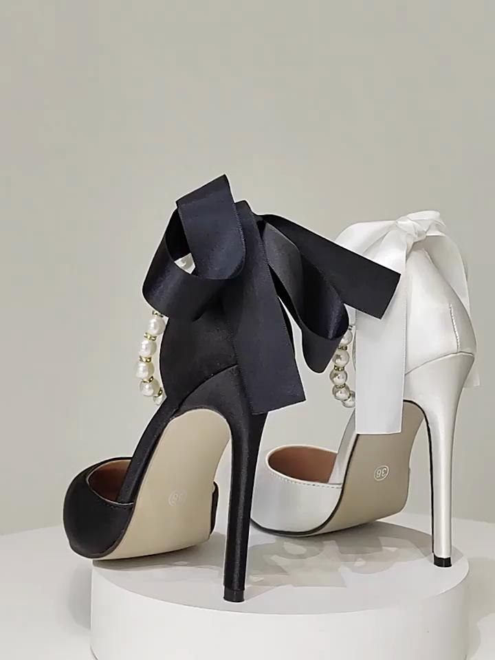 Sandals high heels one word belt 2025 spring new banquet women's shoes hollow beautiful pointed high heel pearl sandals