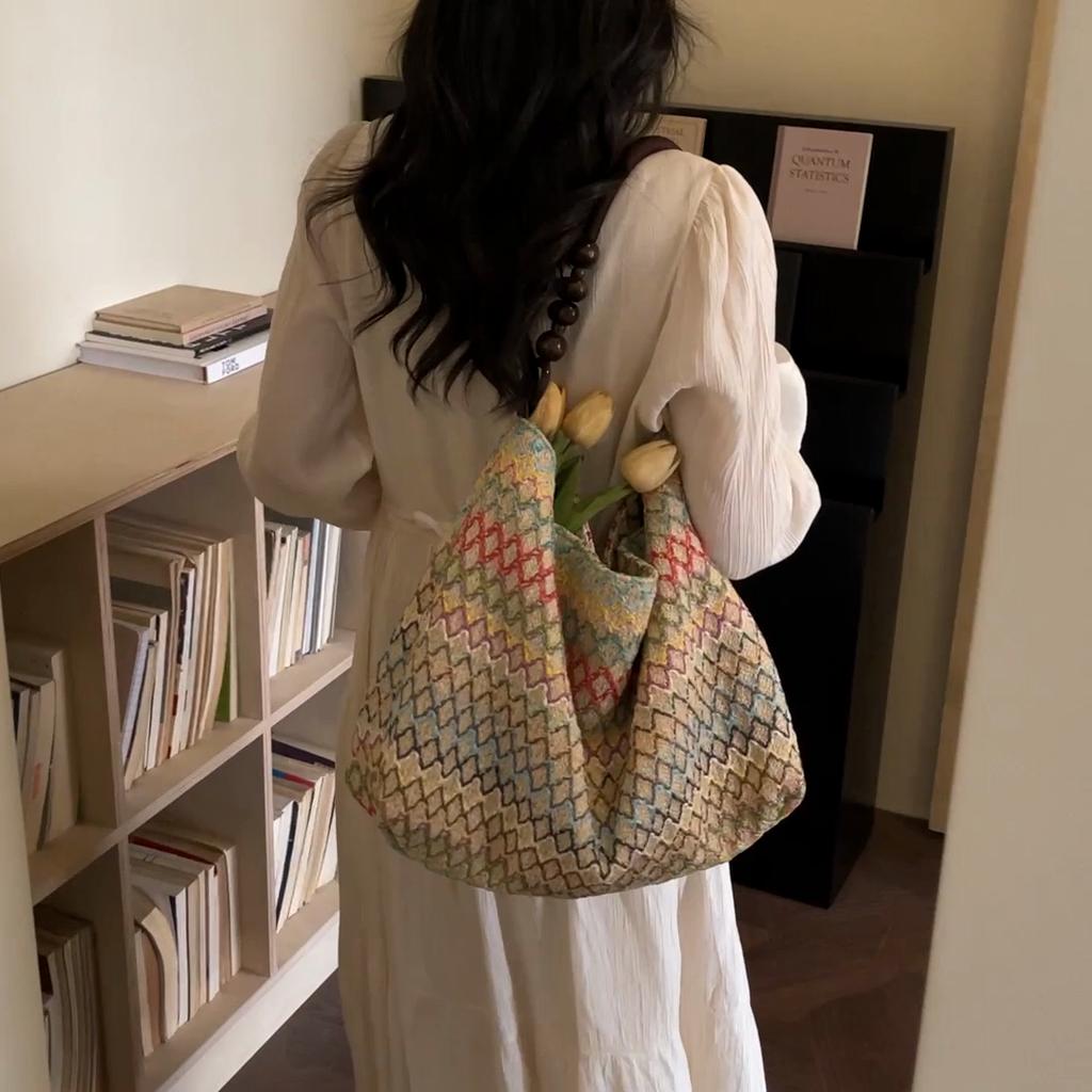 Seaside Vacation Colorful Straw Bag Women's Large Capacity Commuting Shoulder Tote Bag