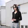 Women's Spring and Autumn T-shirt Lapel Zipper Cotton Pleated Top Fashion Slim Short High Waist Cardigan Long Sleeve Small Shirt