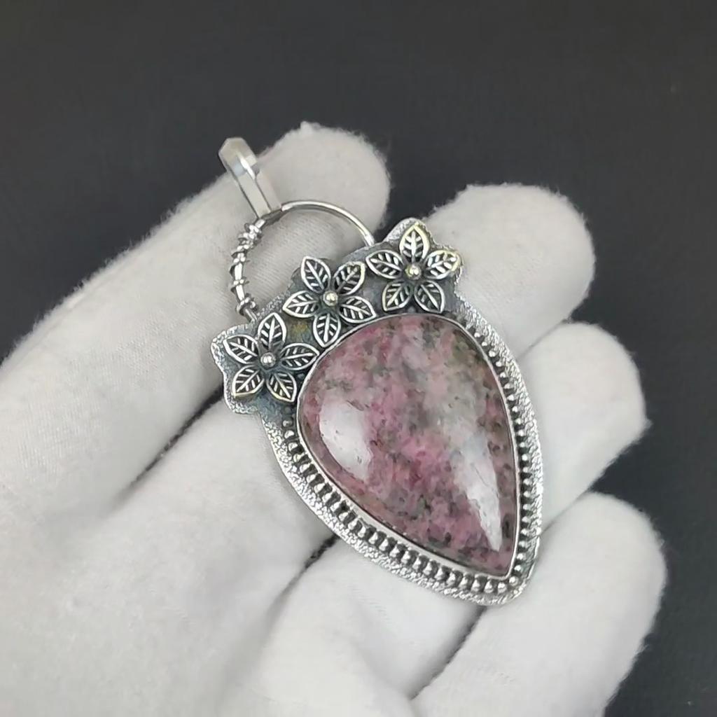 Natural Rhodochrosite Gemstone Silver Pendant in 925 Sterling Silver- Handmade Flower Design, Everyday Wear Jewelry, Unique Pendant Party Wear Gift