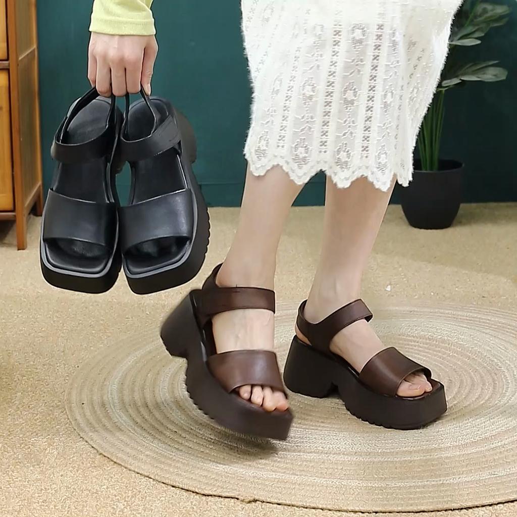 Platform Sandals for Women Comfortable Chunky Heel Slip-On Sandals In Leather Open-Toe Fashion Summer Shoes