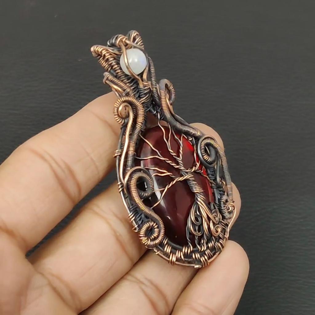 Tree Of Life Red Labradorite & Moonstone Gemstone Pure Copper Wire Wrap Handmade Jewelry Pendant