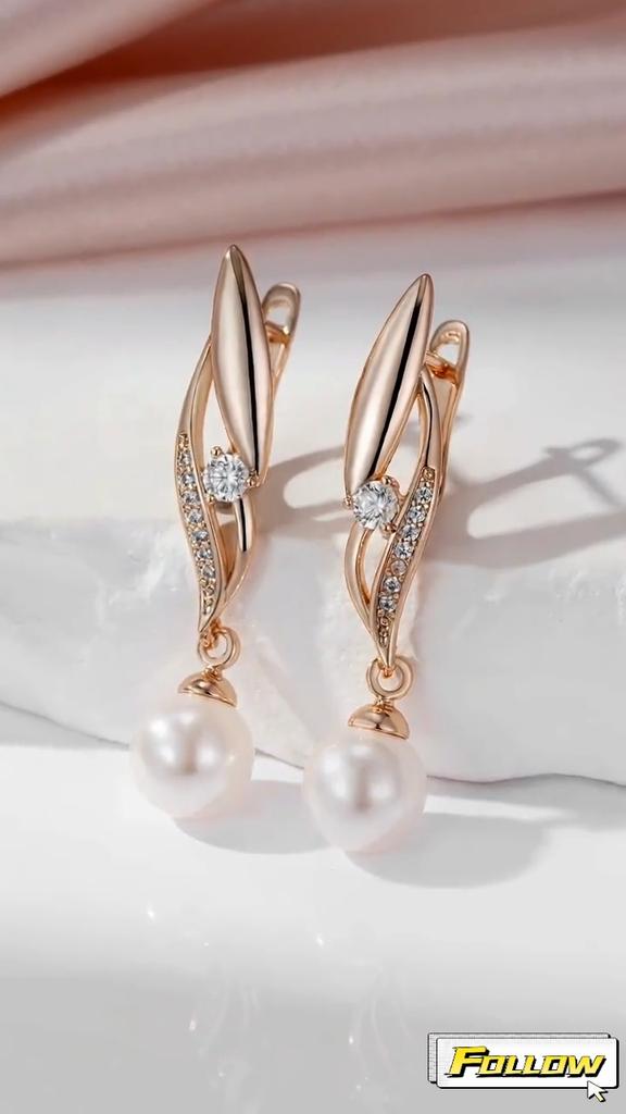 Kinel Shiny Zircon Pearl Dangle Earrings For Women Rose Gold Color Elegant Jewelry