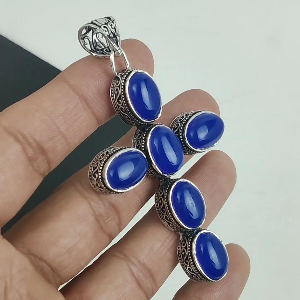 Blue Onyx Gemstone Pendant 925 Sterling Silver- Handmade Cross Design, Everyday Wear Jewelry, Unique Blue Onyx Pendant Birthday Gifts