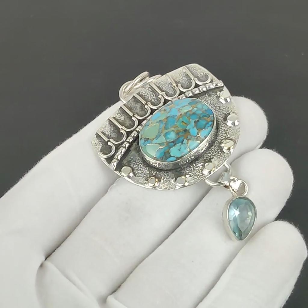 Blauer Stacheliger Türkis Anhänger, 925 Sterlingsilber Handgefertigter Schmuck, Blautopas Silberanhänger, Partyschmuck für Damen, Anhänger zum Verschenken