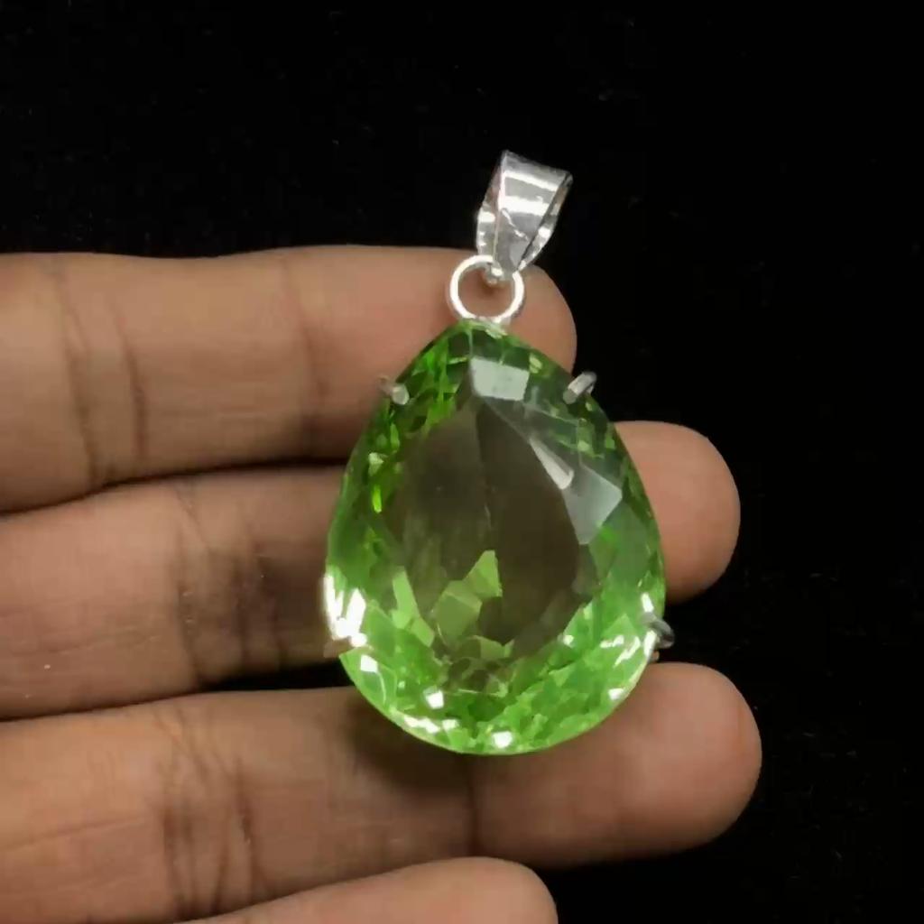 925 Sterling Silver Pendant Natural Green Topaz Pear 102.35 Ct Gems CERTIFIED my-348-k