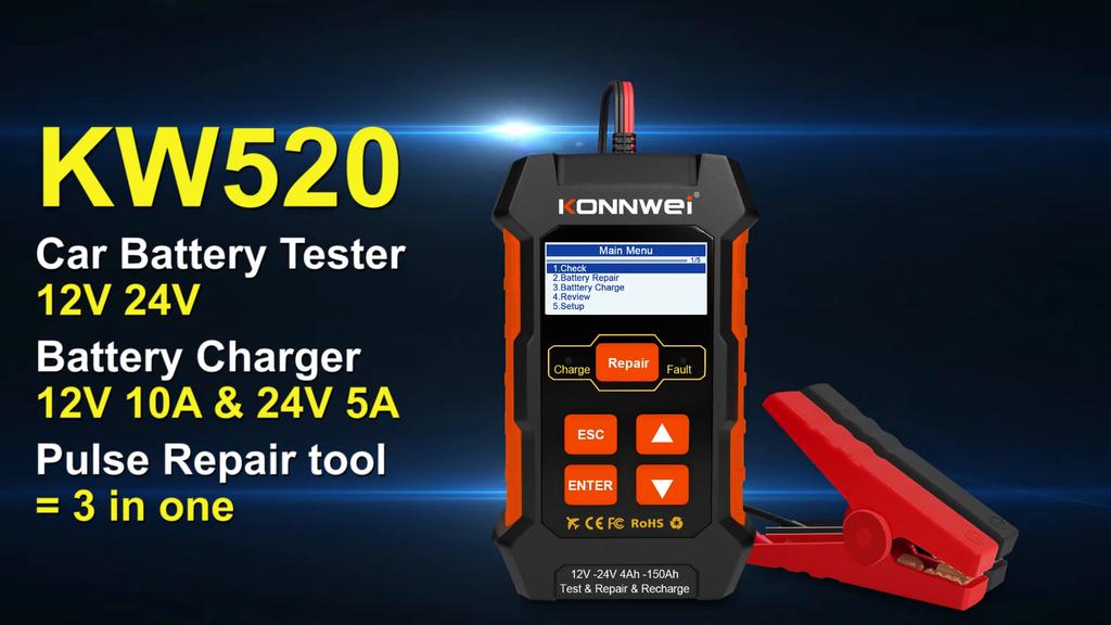 KONNWEI KW520 12V 24V Tester per batteria auto Strumento di riparazione a impulsi Caricabatteria Strumento diagnostico OBD2 3 in 1 di alta qualità