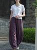 Johnature Women Straight Pants Solid Color Elastic Waist Autumn Trousers Loose Vintage Long Pants