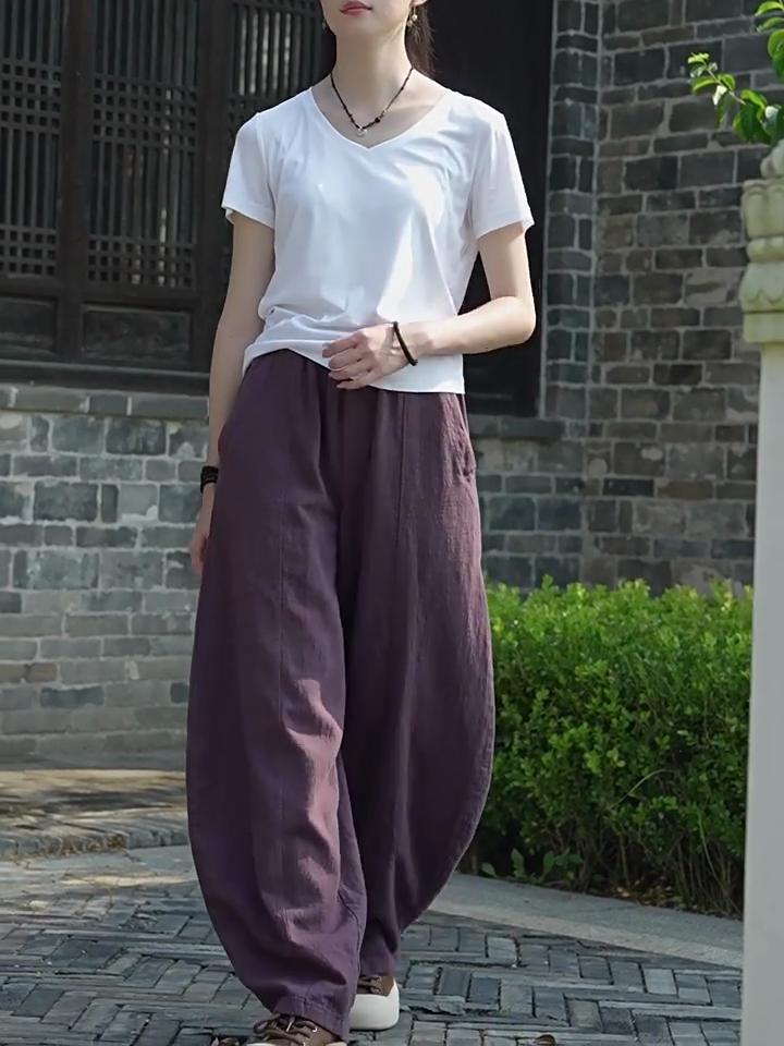 Johnature Women Straight Pants Solid Color Elastic Waist Autumn Trousers Loose Vintage Long Pants