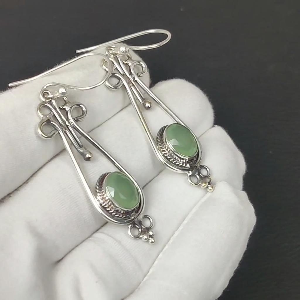 Ohrringe aus natürlichem grünem Chalcedon-Edelstein, 925er Sterlingsilber-Ohrring, handgefertigte Boho-Silberschmuck-Hängeohrringe, Geschenk für Mama