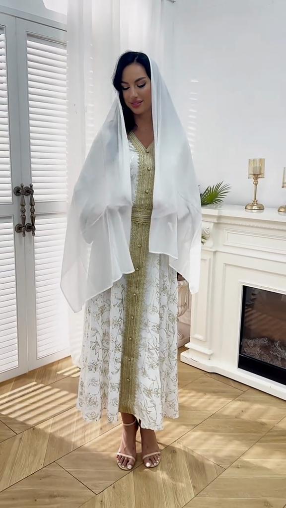 Women's Evening Gown: Stylish Long Dress Featuring Textured Floral Patterns and Gold Foil Accents