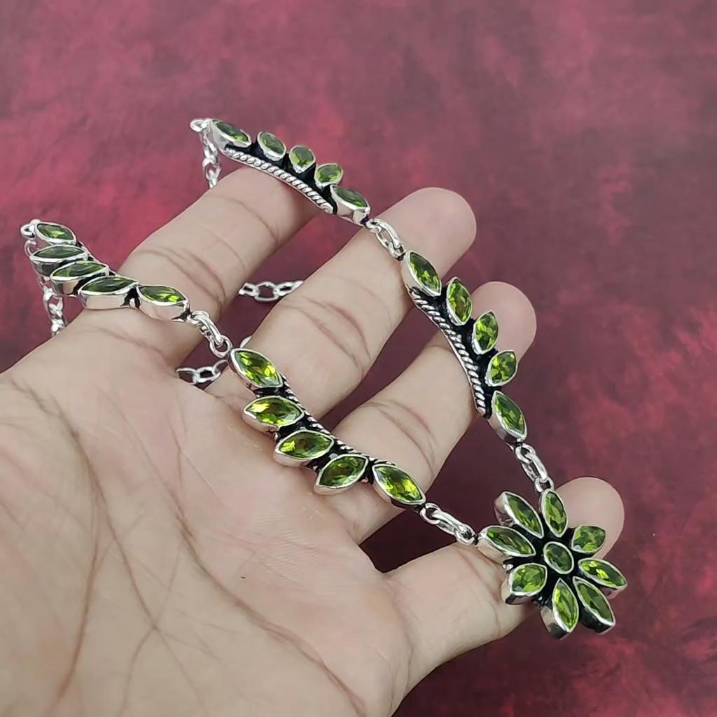 Peridot Handgefertigte Edelstein Halskette, 925 Massiv Sterling Silber Halskette Antiker Schmuck, Als Verlobungsgeschenk