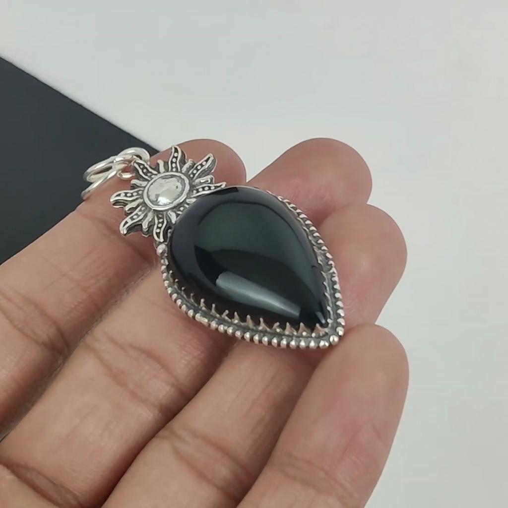 Natural Black Onyx Gemstone Pendant 925 Sterling Silver- Handmade Design, Everyday Wear Jewelry, Unique Black Onyx Pendant Wadding Gifts
