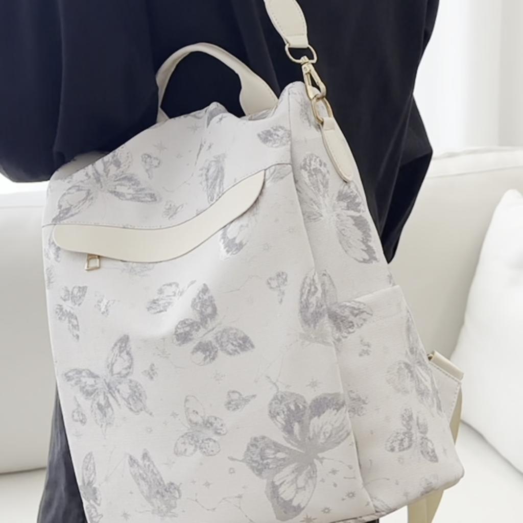 Anti-Theft Backpack Women's Soft Leather Large Capacity Backpack Butterfly Print Multifunctional Shoulder Bag