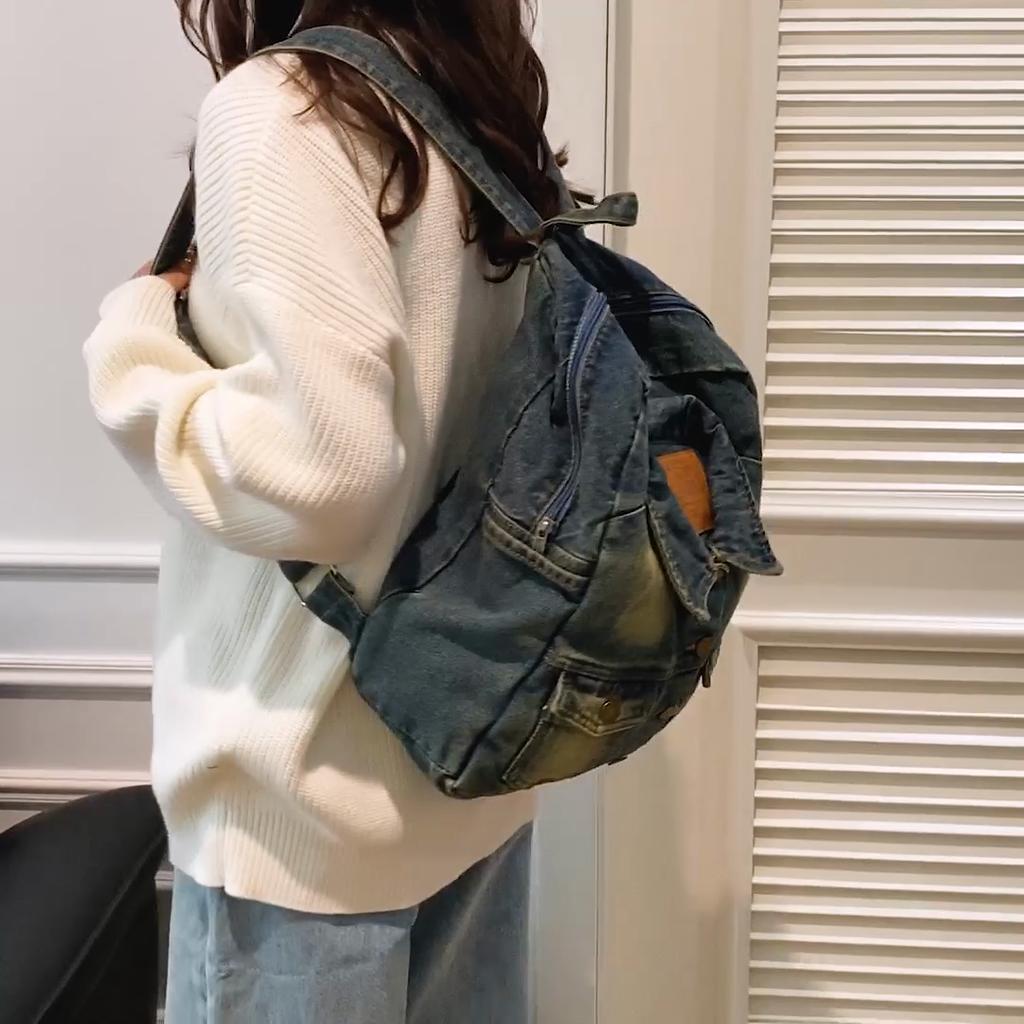 Washed denim large capacity backpack fashionable retro style autumn and winter large capacity denim backpack commuter bag
