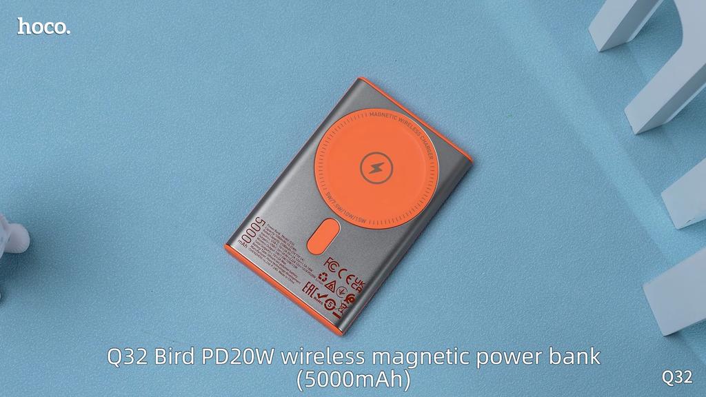 Hoco . Q32 5000mAh 15W Magnetyczny Bezprzewodowy Power Bank z Szybkim Ładowaniem PD20W, Ultracienka Przenośna Ładowarka, 18W samoładowanie