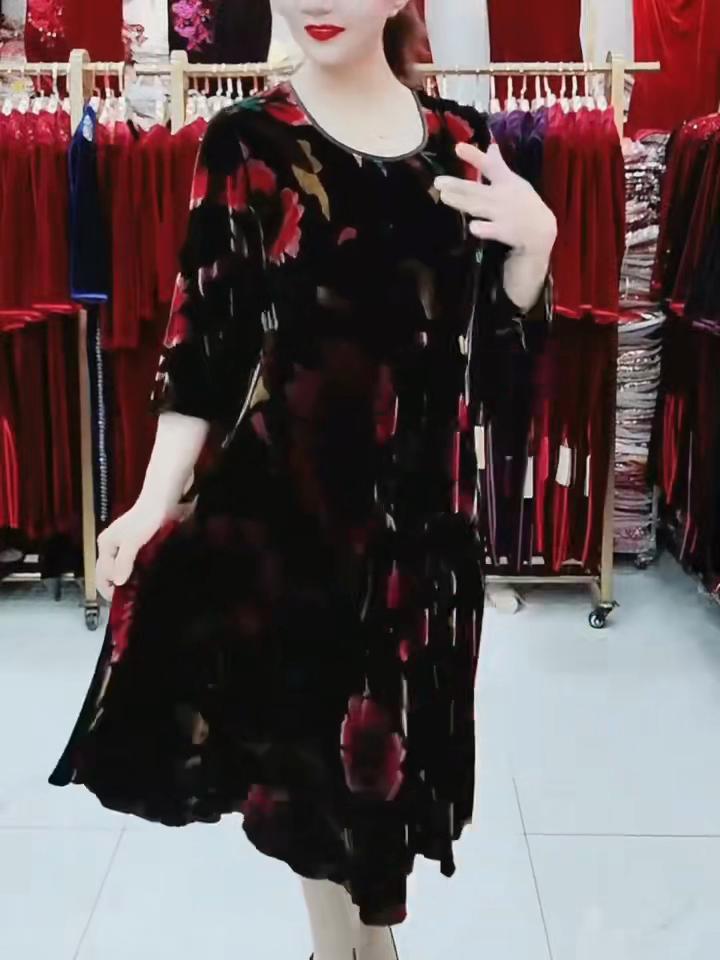 Women's Plus Size Dress Vintage Printed Gold Velvet Dress Loose Crew Neck Long Floral Dress Spring Summer