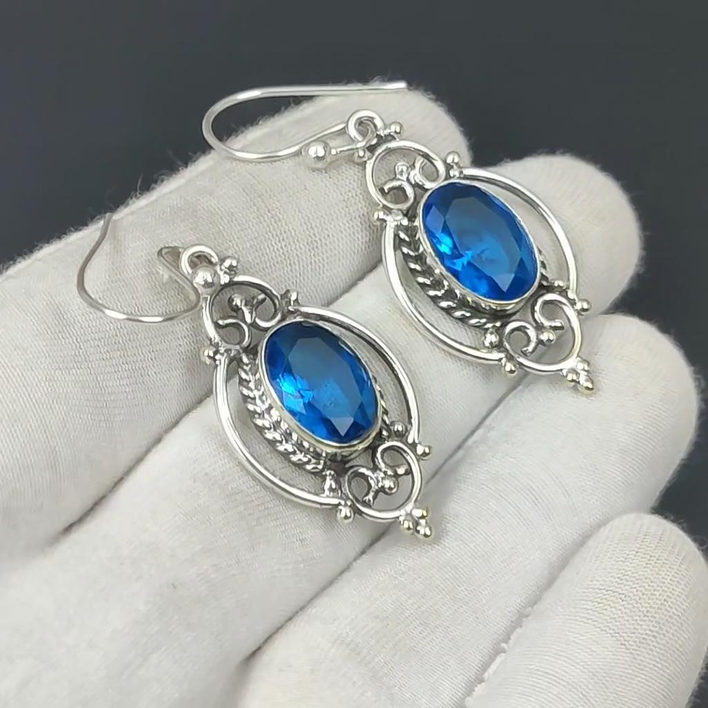 London Blue Topaz Náušnice, London Blue Topaz Stříbrná Náušnice, Oválná Náušnice, Náušnice ze stříbra 925, Náušnice z drahokamů, Visací náušnice