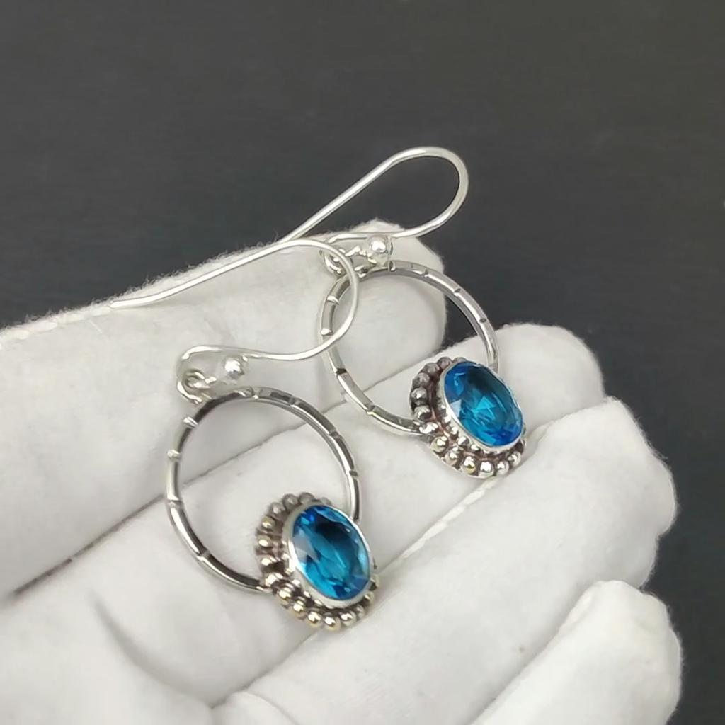 Swiss Blue Topaz Gemstone Earrings, 925 Sterling Silver Earring, Handmade Boho Silver Jewelry Dangle Earrings, Party Wear Gifts