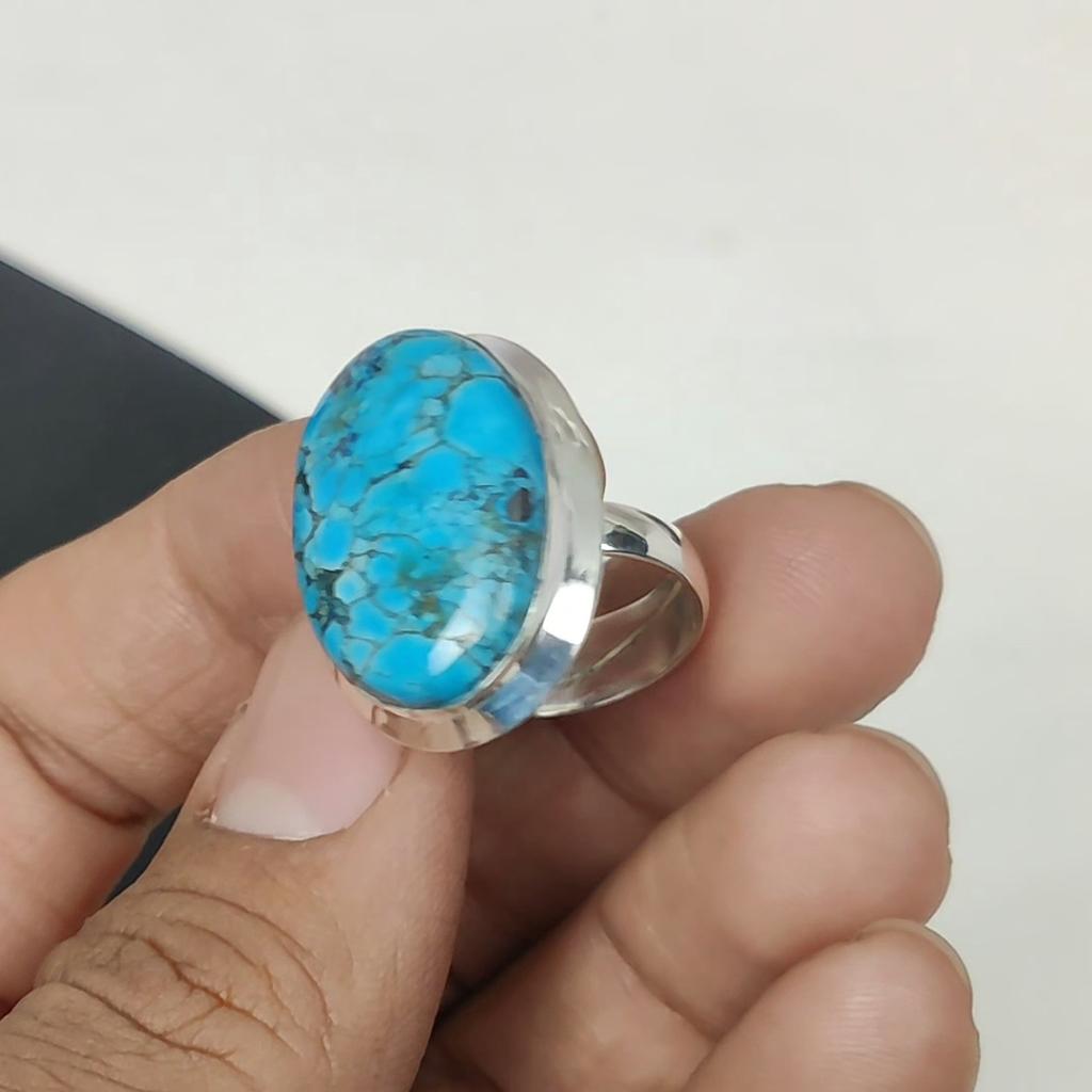 Natural Tibetan Turquoise Adjustable 925 Sterling Silver Ring - Fits US Sizes 6 To 11 - Handmade Boho Jewelry for Women & Men, Wadding Gifts