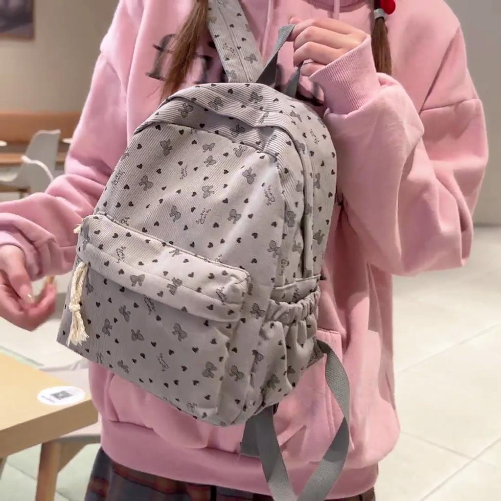 Women's Corduroy Backpack Large Capacity Bow Student Schoolbag