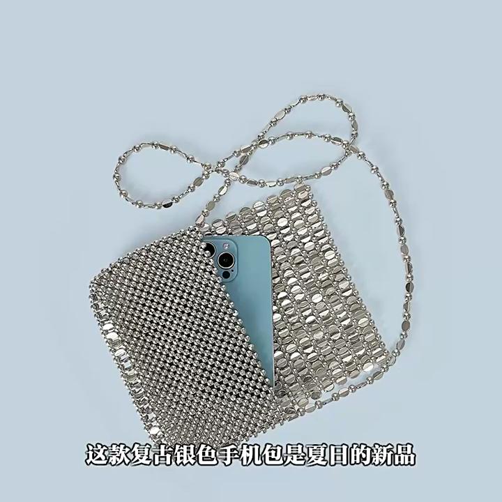 Letní Nový Blingbling Retro Stříbrný Dutý Design Ručně Vyráběná Korálková Taška na Vyklápěcí Telefon