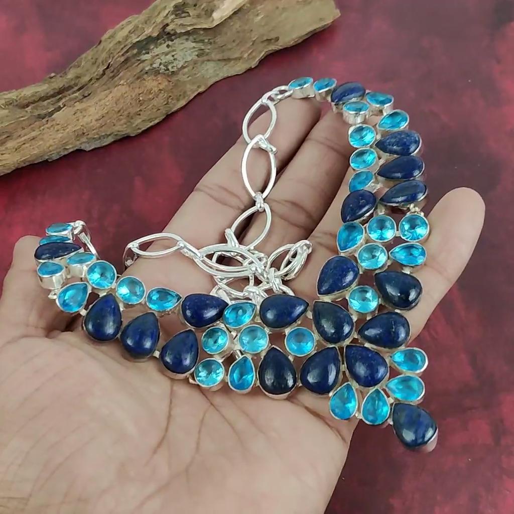 Lapis Lazuli, Blue Topaz 925 Solid Sterling Silver Necklace with Adjustable Chain, Handmade Gemstone Jewelry Necklace For Memorial Day