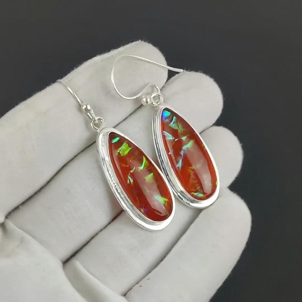 Beautiful Orange Triplet Fire Opal Gemstone 925 Sterling Silver Earring, Handmade Boho Silver Jewelry Dangle Earrings, Wadding Gift
