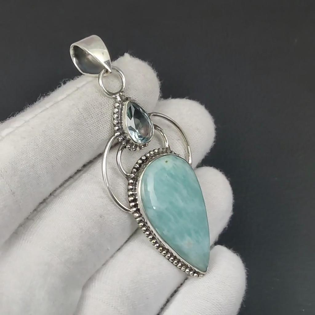 Natural Amazonite Gemstone Silver Pendant In 925 Sterling Silver- Handmade Design, Everyday Wear Jewelry, Unique Blue Topaz Pendant Waddding Gift