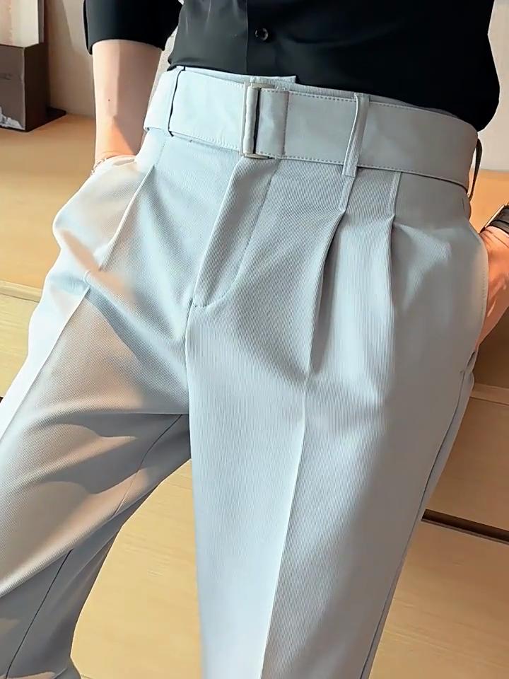 Erkekler için Kemer Dekorlu Yüksek Bel Takım Pantolon İş Gündelik Pantolon Düz Renk Çok Yönlü Sosyal Düğün Takım Pantolon