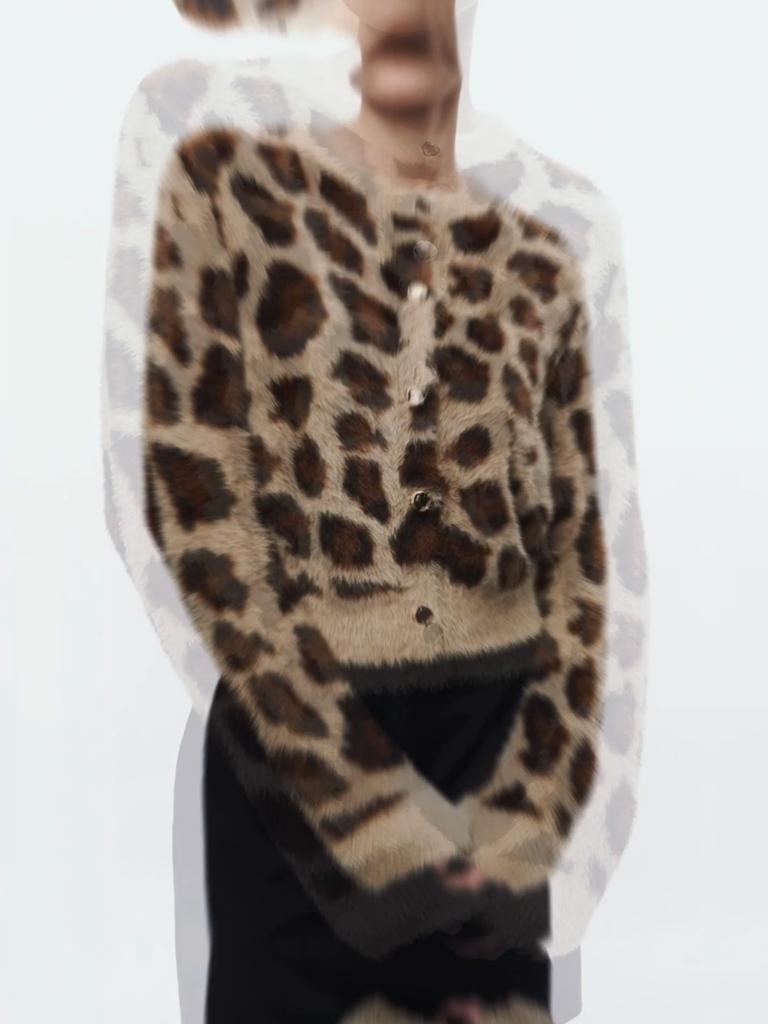 Rose Beauty A Damen Casual Leopardenmuster Button-Up Langarm Neue Kunstpelz Strickjacke, Herbst & Winter