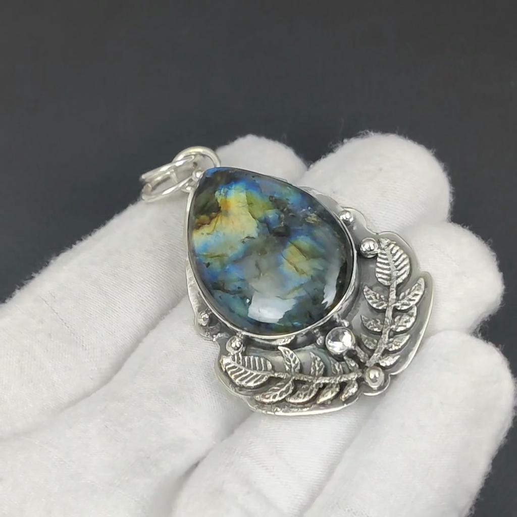 Natural Labradorite Gemstone Silver Pendant in 925 Sterling Silver- Handmade Design, Everyday Wear Jewelry, WHite Topaz Unique Pendant Gift