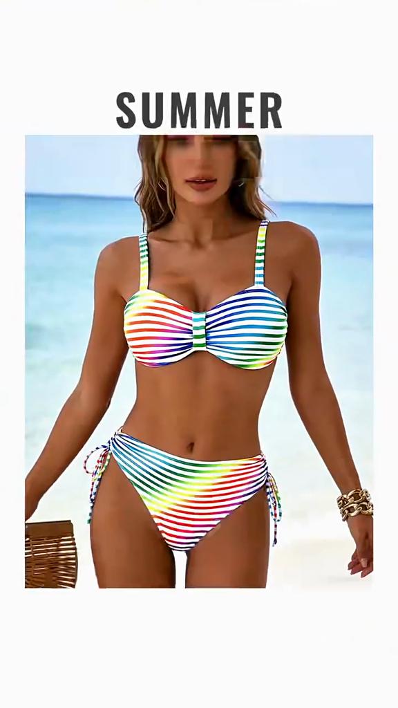 2026 New Style Striped Bikini One-Piece Three-Point Sexy Backless Swimsuit