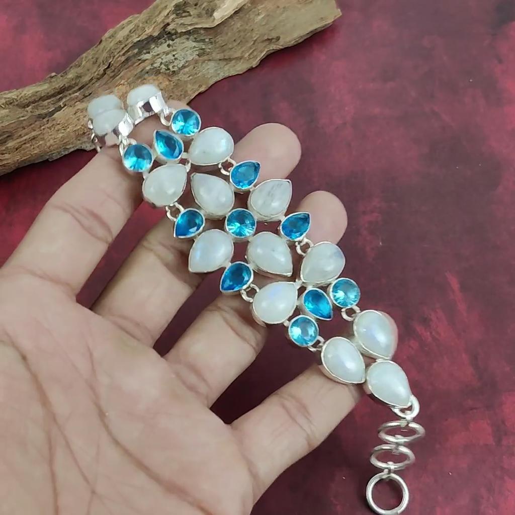 Moonstone, Blue Topaz Jewelry, 925 Solid Sterling Silver Gemstone Bracelet, Handmade Jewelry, For Memorial Day