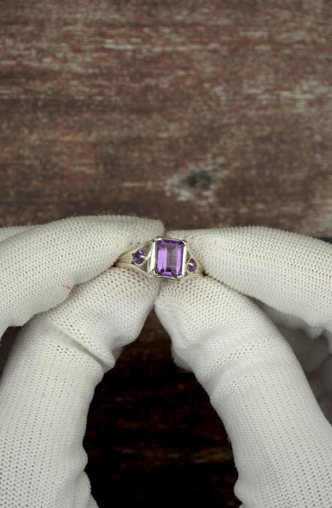 Natural Amethyst Ring In 925 Sterling Silver - Emerald-Cut Purple Gemstone - Art Deco Style Filigree Jewelry - February Birthstone Gift