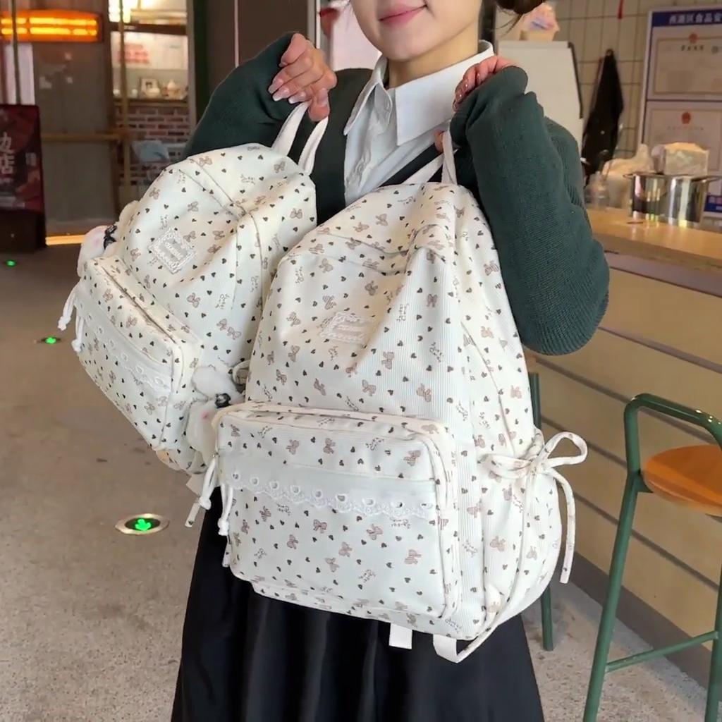 College Style Bow Print Schoolbag Women's Corduroy Backpack Large Capacity Student Backpack