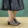 Johnature Genuine Leather Retro Ethnic Style High Heels Pointed Toe Slippers Versatile Women's Shoes