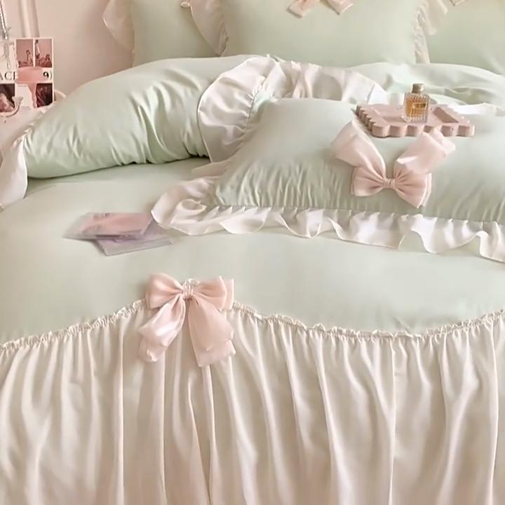 French Bed Set Four-piece Princess Style Bow Chiffon Yarn Romantic Lace Bed Sheet Quilt Cover Pillowcase