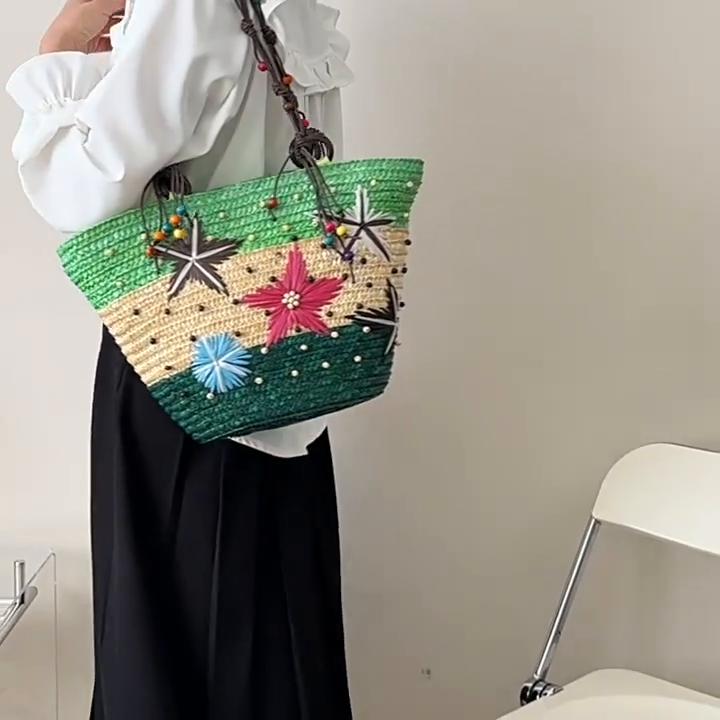 Yogodlns Summer Basket Straw Shoulder Bags for Women Rattan Travel Large Capacity Handmade Woven Beach Bag Female Shopper Totes Handbags