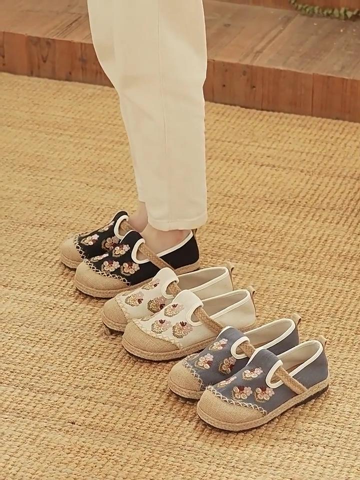 Johnature Pantofi din Pânză Brodați în Stil Etnic, Handmade, din Bumbac și In, cu Talpă Moale, Respirabili, Pantofi Plați de Damă