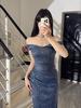 One-shoulder Blue Evening Dress Birthday Party Temperament Adult Ceremony Art Test Performance Dress French Slit Fishtail Skirt