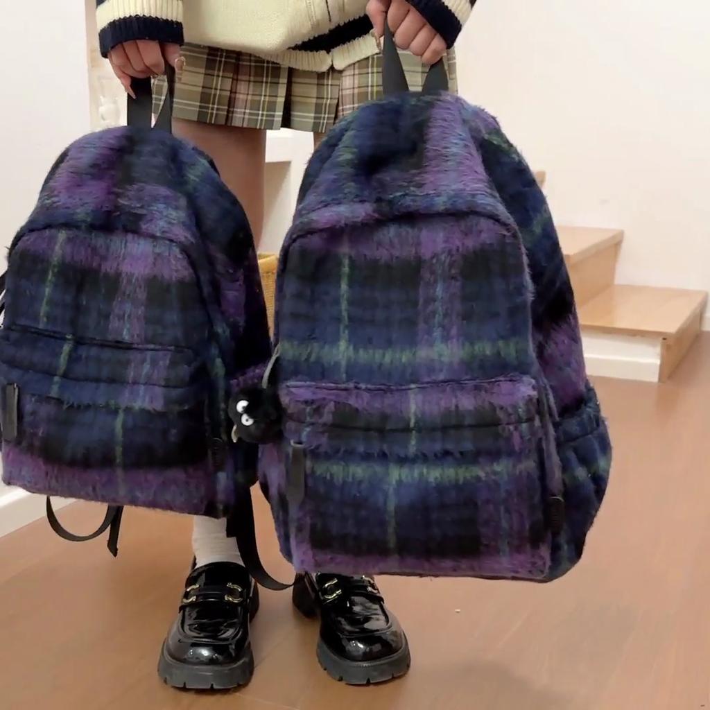 Woolen Plaid Student Schoolbag Large Capacity Backpack Women's Backpack