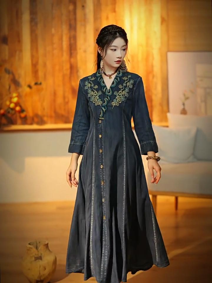 Johnature Rochie din bumbac broderie vintage în stil chinezesc la un singur piept Rochie de primăvară de primăvară cu decolteu în V cu mâneci lungi.