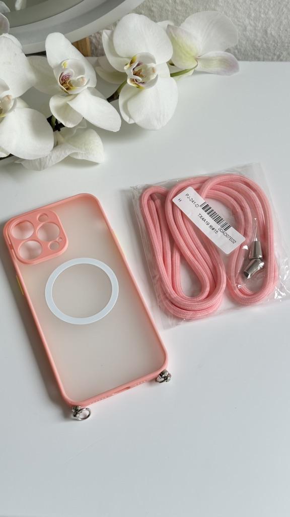 Custodia IPhone 14 Plus Magnetica Con Cordino Regolabile - Morbida TPU, Ricarica Wireless, Protezione Antiurto - Colore Rosa Sabbia