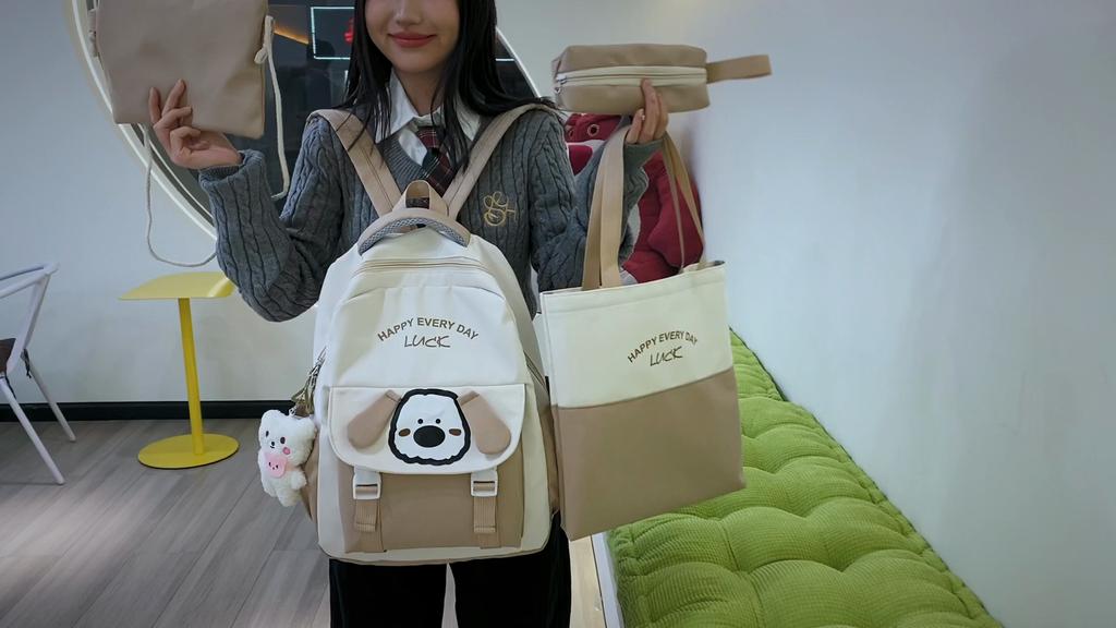 Four-Piece Backpack Set Student Schoolbag Cartoon Women's Color Block Backpack for Girls Letter Backpack