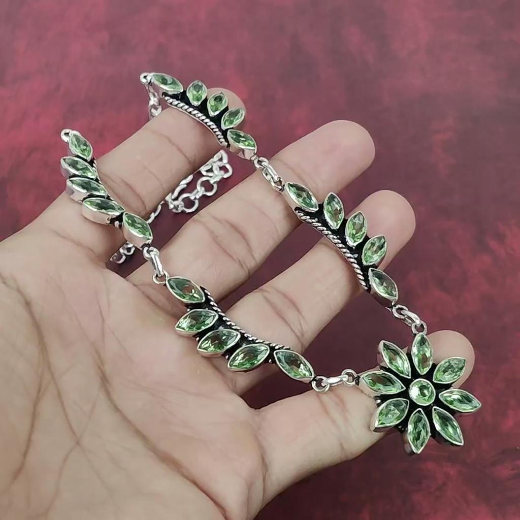 Green Amethyst Handmade Gemstone Necklace, 925 Solid Sterling Silver Necklace Antique Jewelry, For Engagement Gift